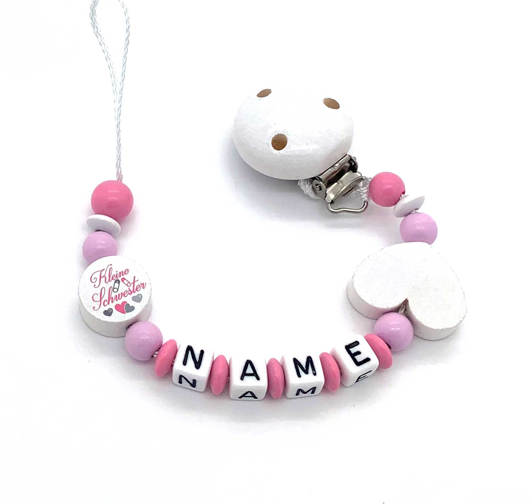 Schnullerkette mit Namen - kleine Schwester