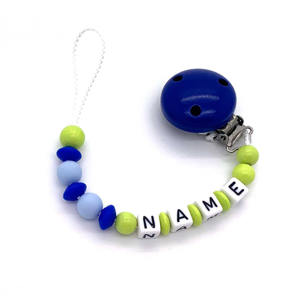 Schnullerkette mit Namen - Silikonperlen und Linsen